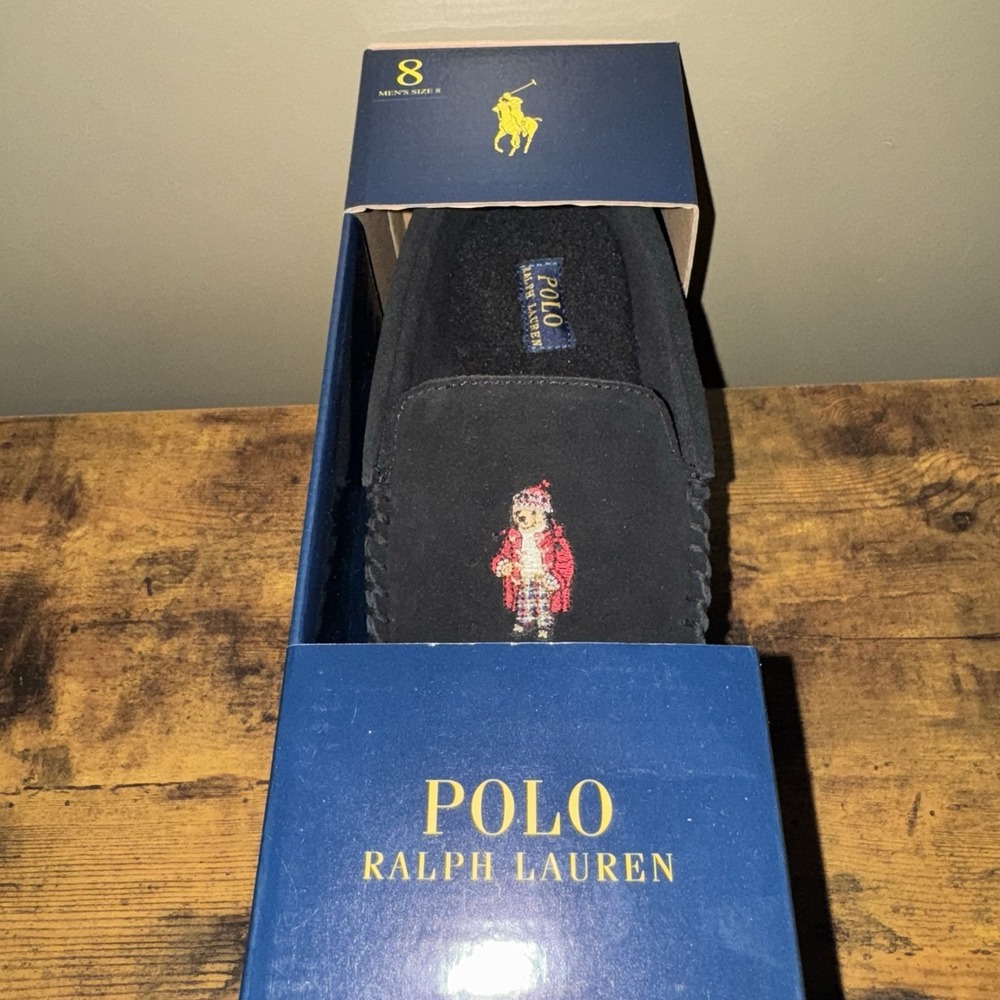 Polo Ralph Lauren Men Brenan Bear Slippers Black Suede Lined Moccasin Sz 8 New
